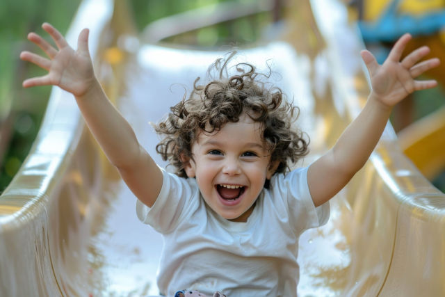 Happy curly-haired boy sliding down a playground slide with arms raised and a big smile.