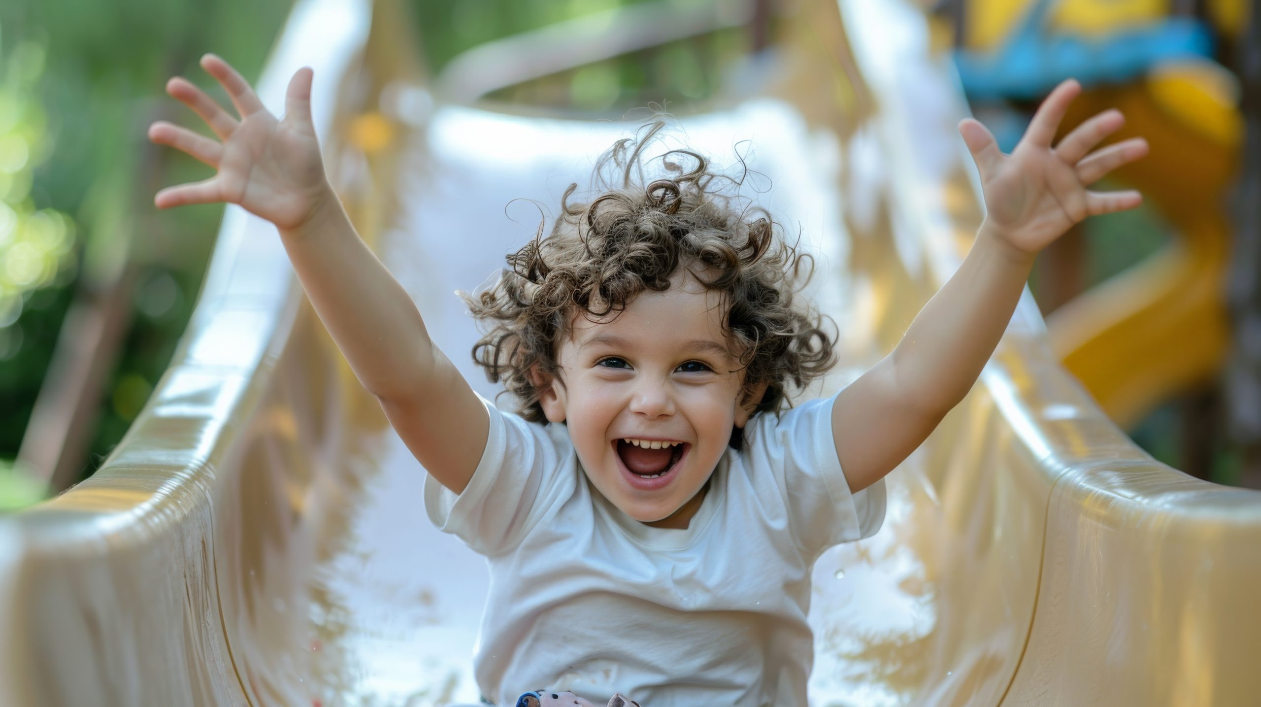 Happy curly-haired boy sliding down a playground slide with arms raised and a big smile.