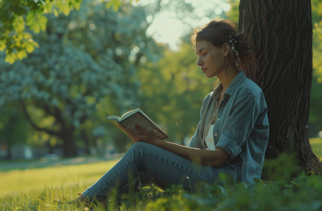 Young woman reading peacefully under a tree in a sunny park, representing calm and reflection.